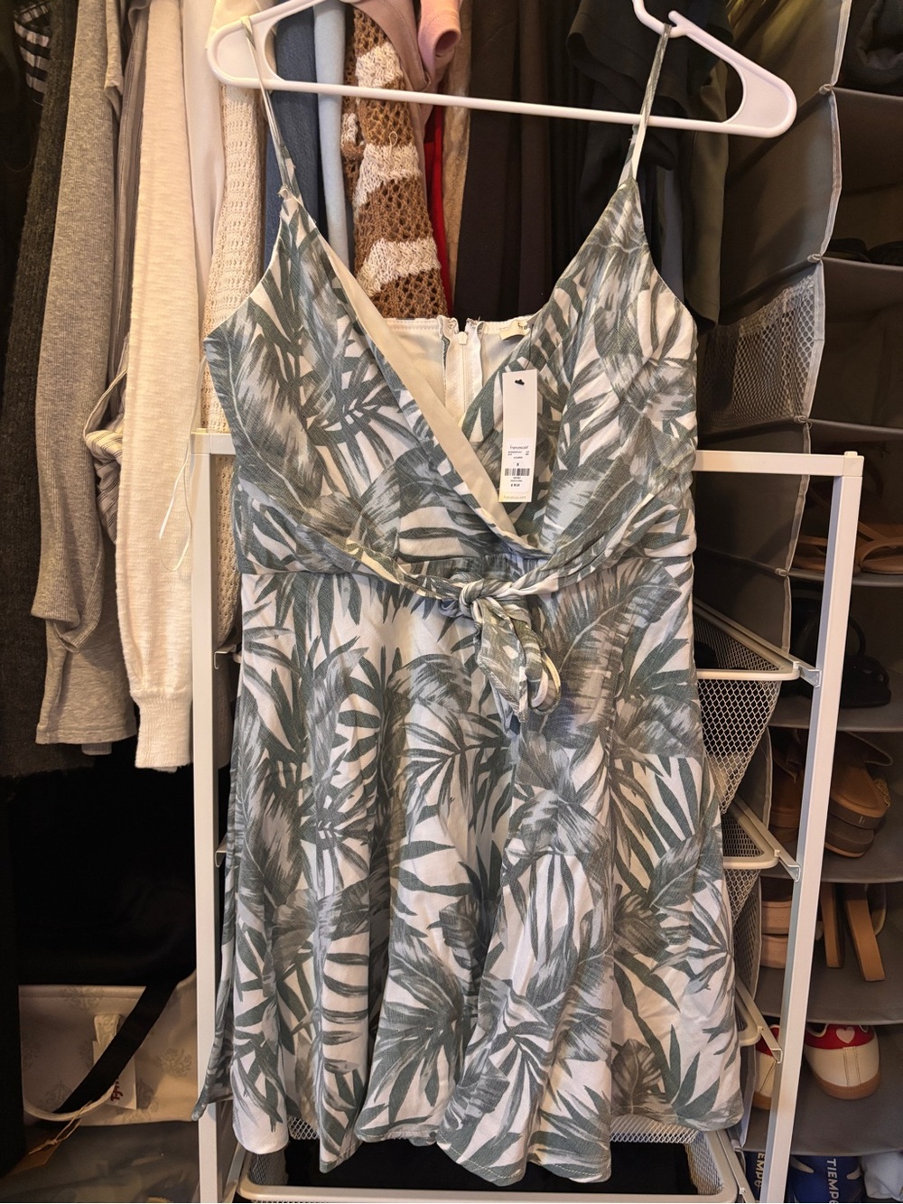 Francesca's Collections Green Palm-Print Wrap Dress